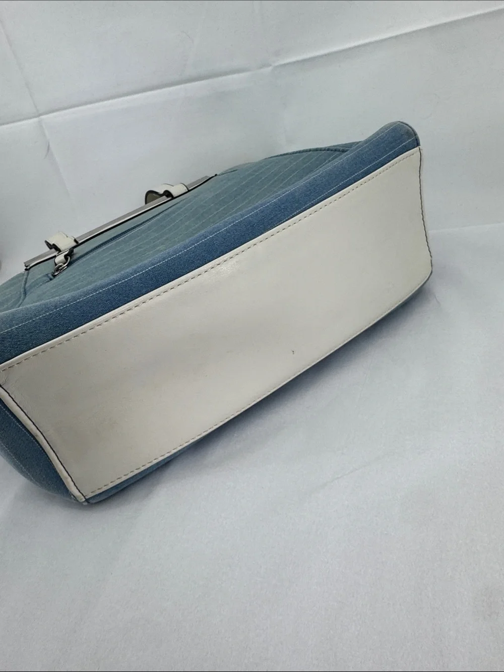 CXL by Christian LaCroix Giulia Satchel Purse, Denim Light Blue w/ Cream Stripes